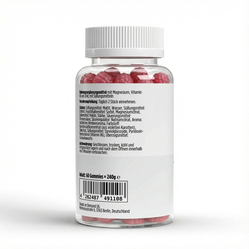 Magnésium + Zinc + Vitamine B6 framboise | 60 gummies vegan, étiquette et informations produit