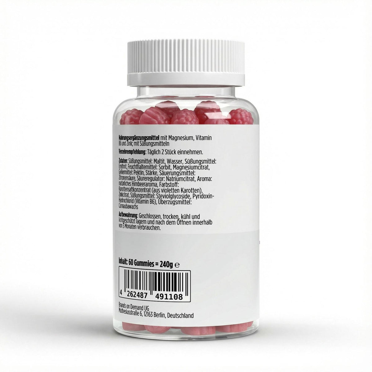 Magnésium + Zinc + Vitamine B6 framboise | 60 gummies vegan, étiquette et informations produit