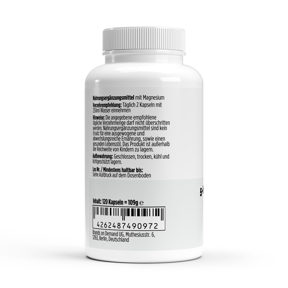 Magnésium complexe 5 sources + Vitamine B6 | 120 gélules vegan, étiquette et conseils d’utilisation