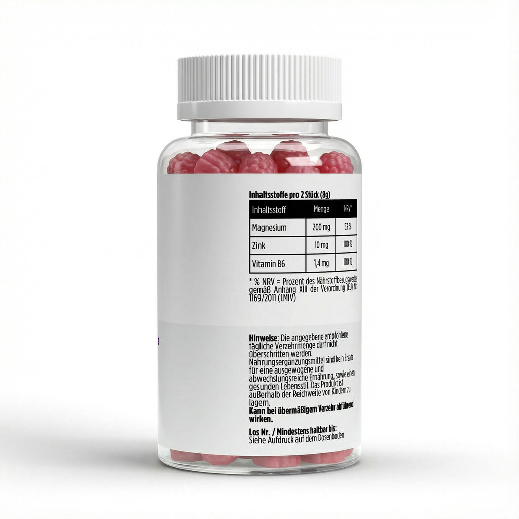 Magnésium + Zinc + Vitamine B6 framboise | 60 gummies vegan, étiquette et conseils d’utilisation