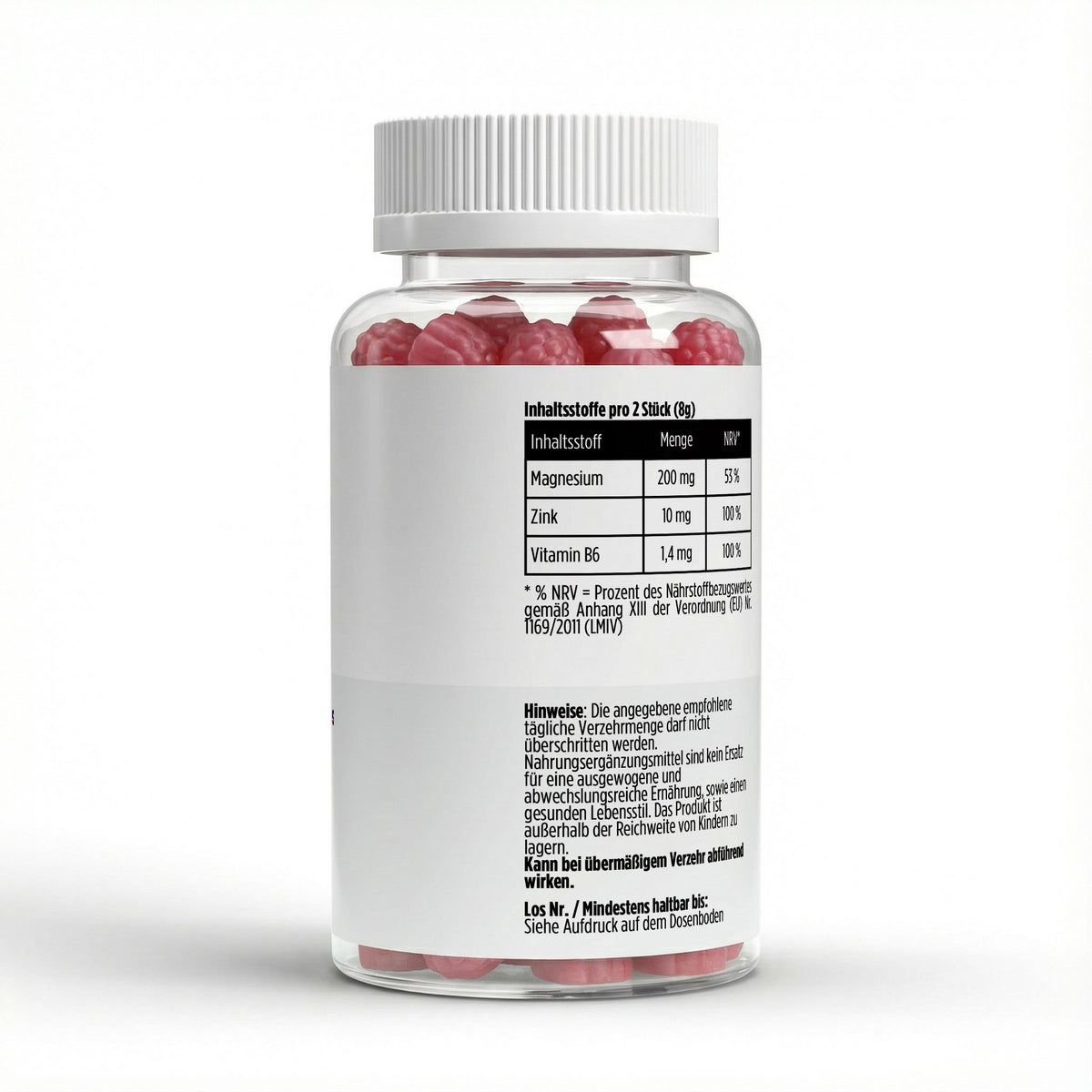 Magnésium + Zinc + Vitamine B6 framboise | 60 gummies vegan, étiquette et conseils d’utilisation