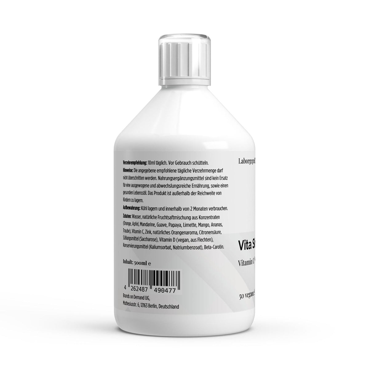 Vitamines C, D3 + Zinc Vita Shield Plus orange | Liquide 500 ml, étiquette et conseils d’utilisation