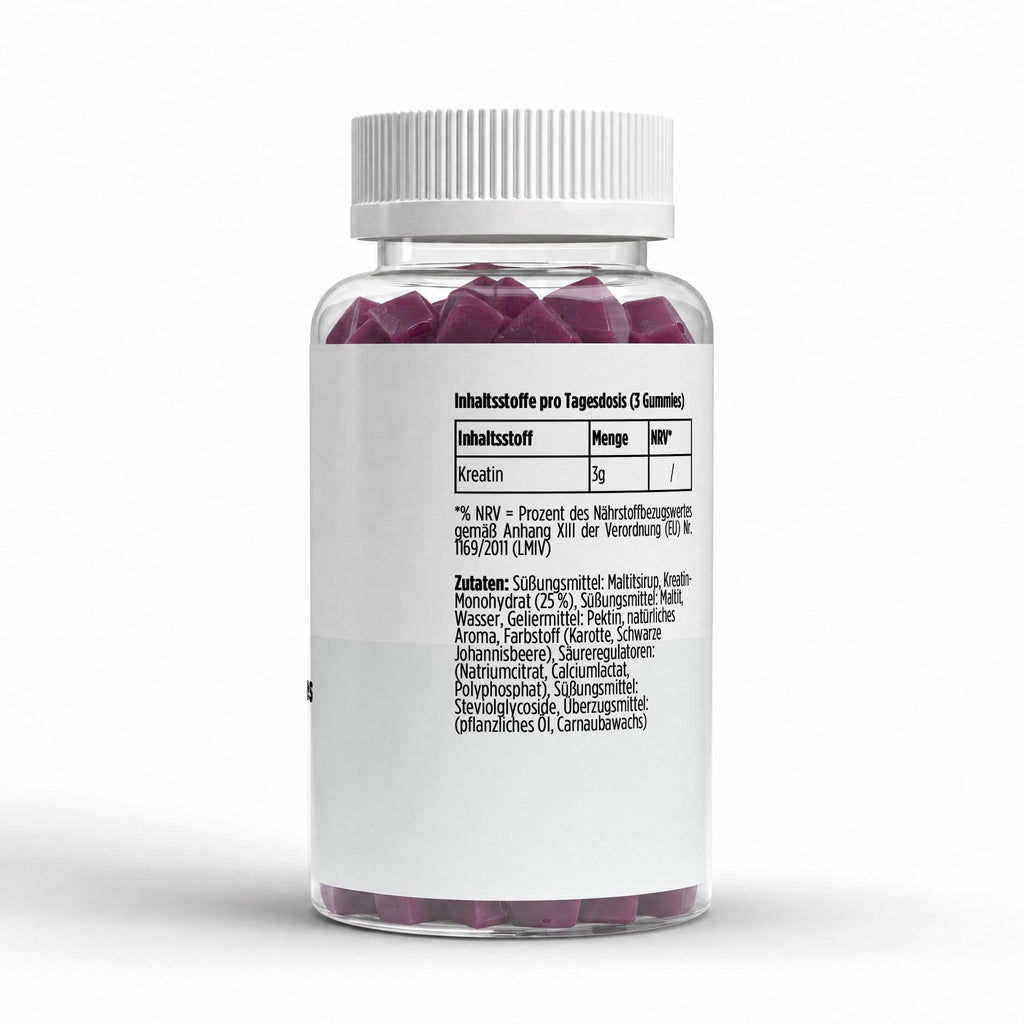 Créatine monohydrate cerise | 90 gummies, étiquette et conseils d’utilisation