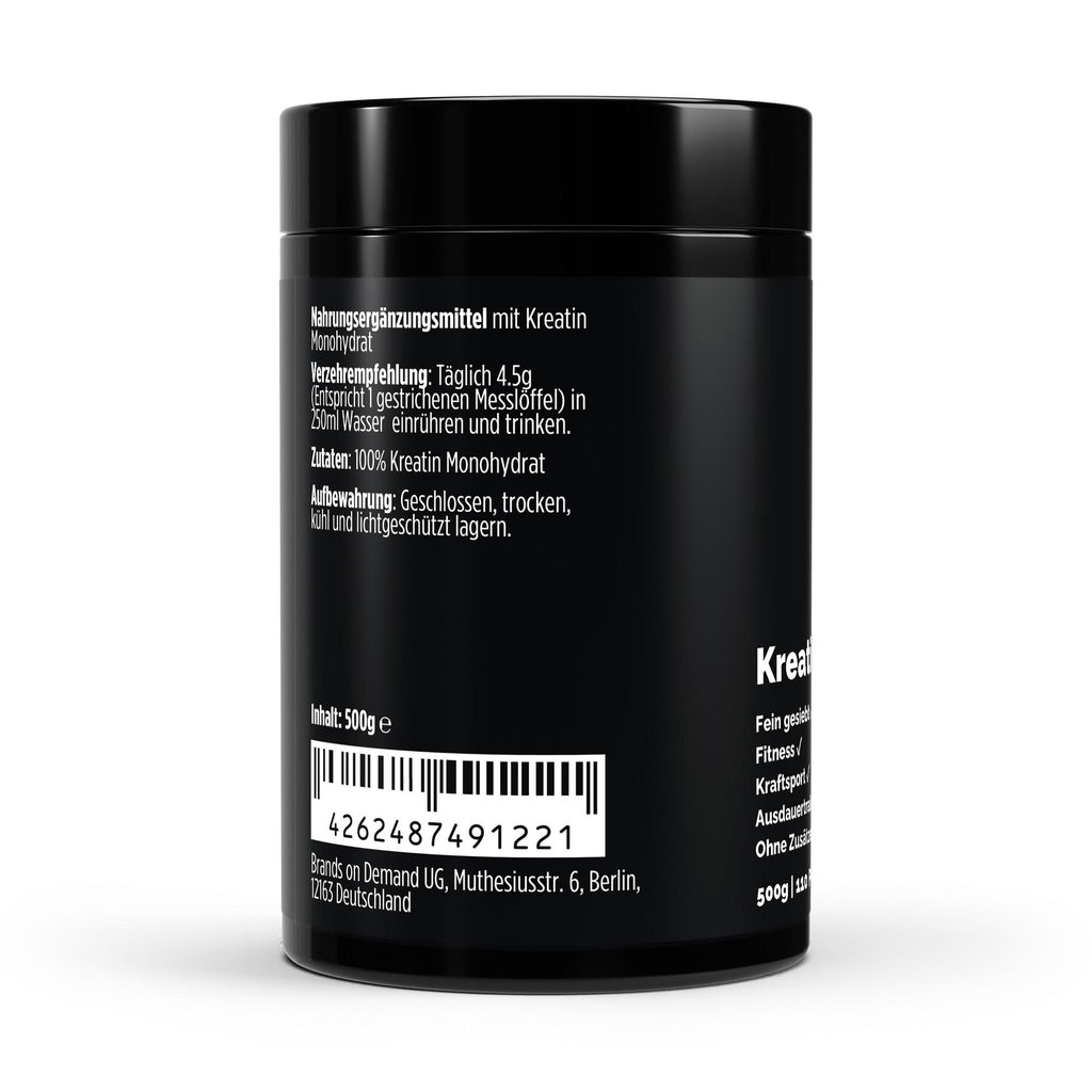 Créatine monohydrate sans arôme | Poudre 500 g, étiquette et conseils d’utilisation