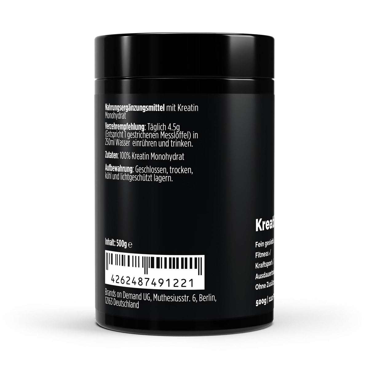 Créatine monohydrate sans arôme | Poudre 500 g, étiquette et conseils d’utilisation