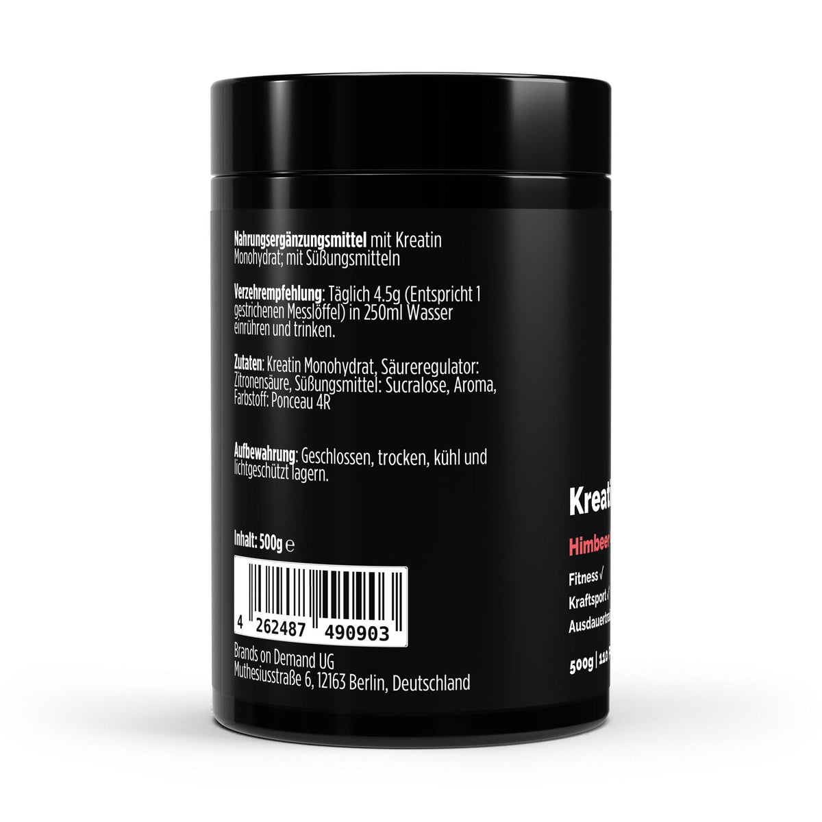 Créatine monohydrate framboise | Poudre 500 g, étiquette et conseils d’utilisation
