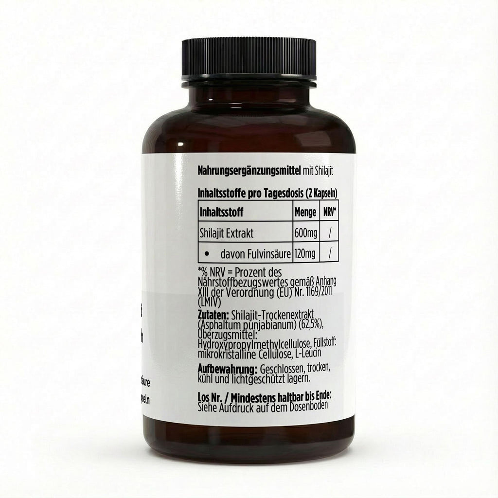 Shilajit 20 % acide fulvique | 90 gélules vegan, étiquette et informations produit