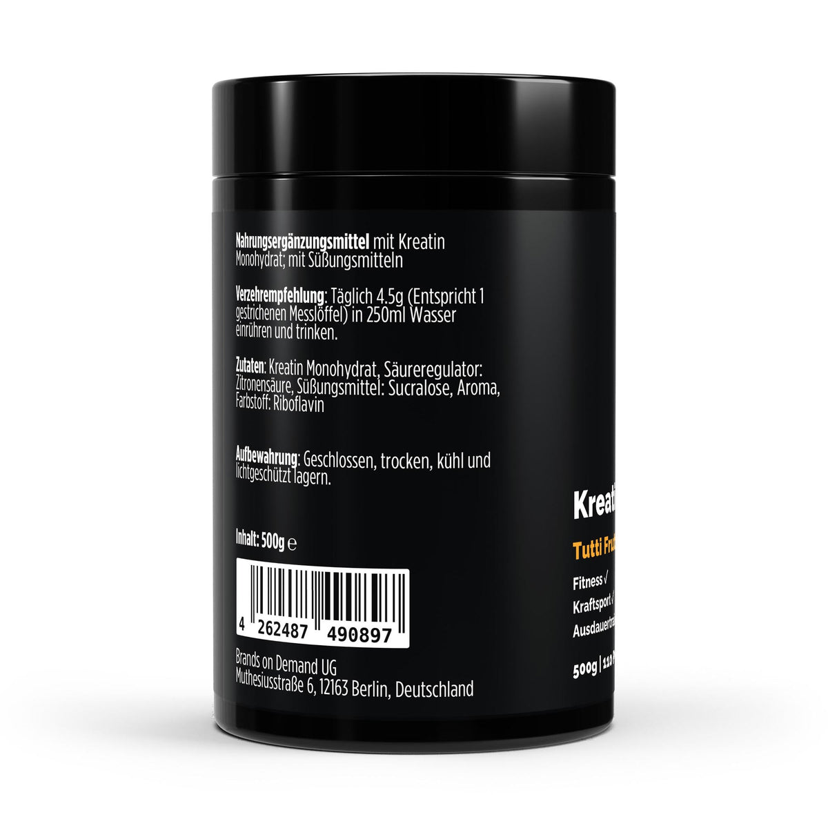 Créatine monohydrate tutti frutti | Poudre 500 g, étiquette et conseils d’utilisation