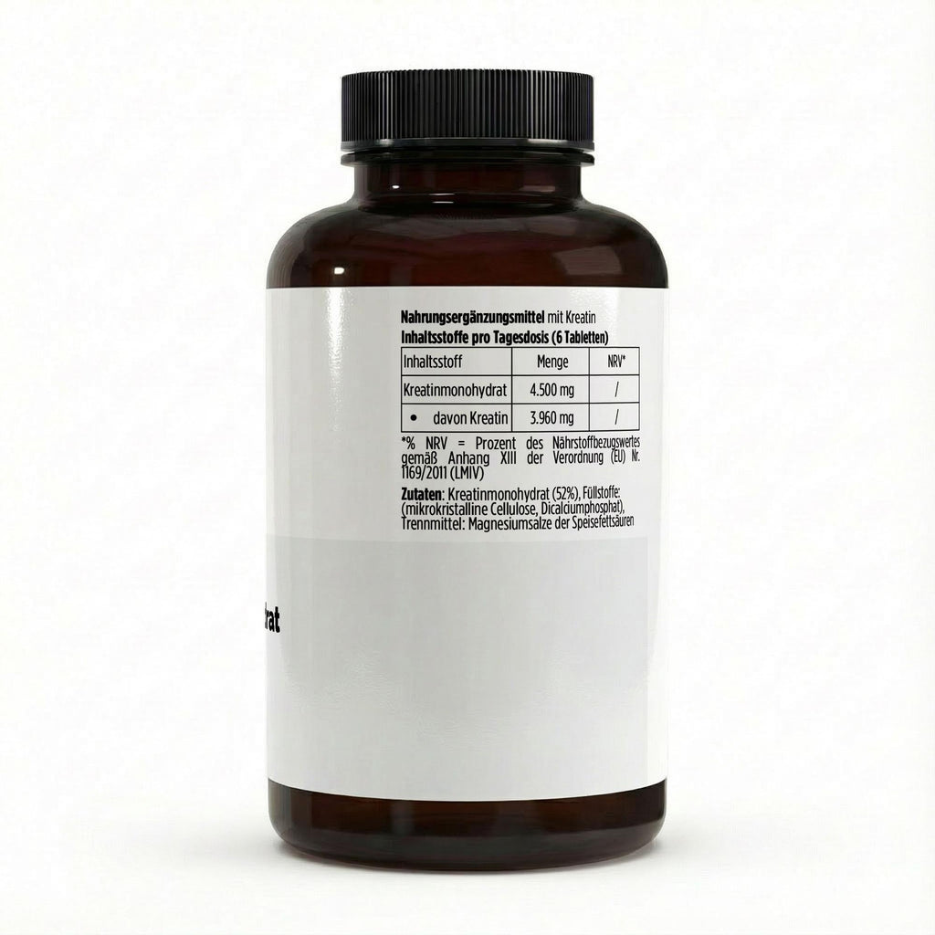 Créatine monohydrate | 180 comprimés vegan, étiquette et informations produit