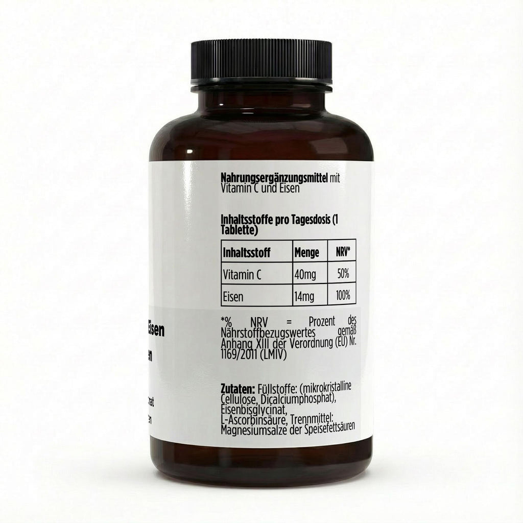 Fer + Vitamine C | 120 comprimés vegan, étiquette et informations produit