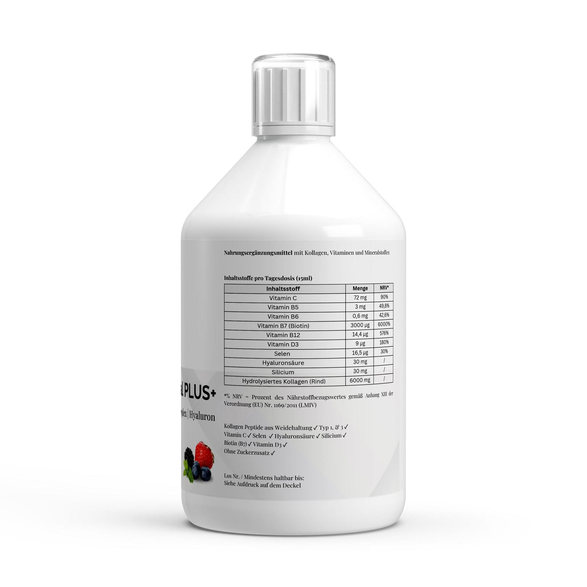 Collagène bovin Vital Plus 1500 Da fruits rouges | Liquide 500 ml, étiquette et informations produit