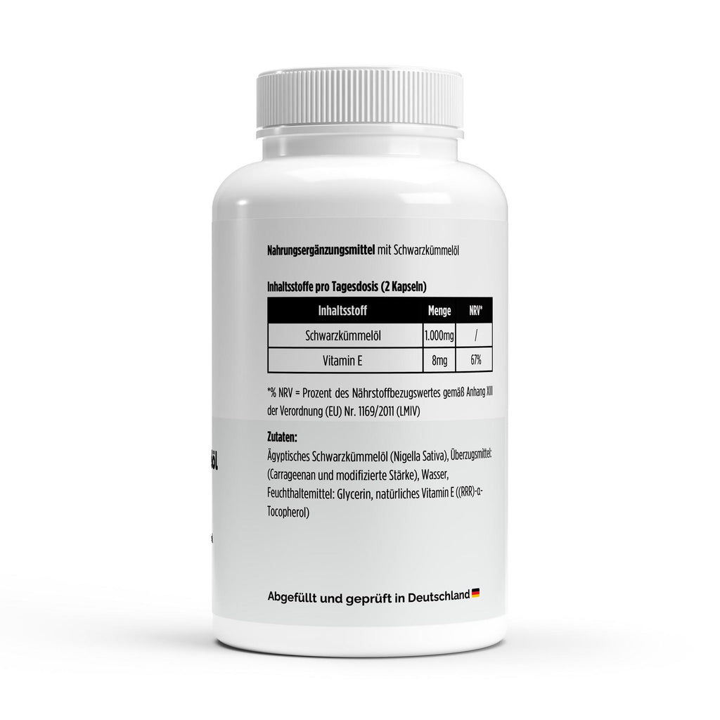 Huile de nigelle égyptienne 0,45 % thymoquinone | 240 capsules molles vegan, étiquette et informations produit