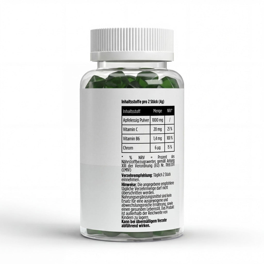 Vinaigre de cidre + Vitamines C, B6 + Chrome pomme | 60 gummies vegan, étiquette et conseils d’utilisation