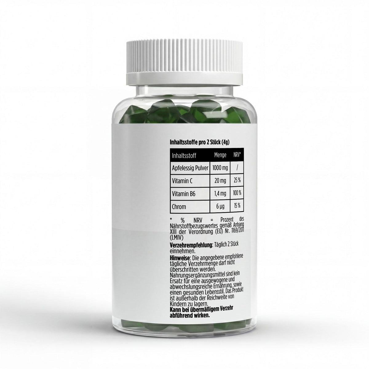 Vinaigre de cidre + Vitamines C, B6 + Chrome pomme | 60 gummies vegan, étiquette et conseils d’utilisation