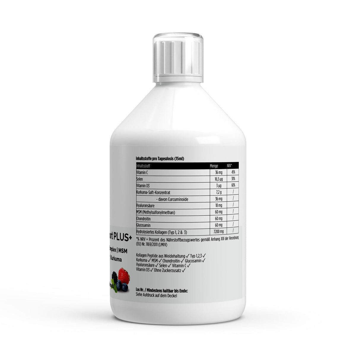 Collagène bovin Support Plus 1500 Da fruits rouges | Liquide 500 ml, étiquette et informations produit