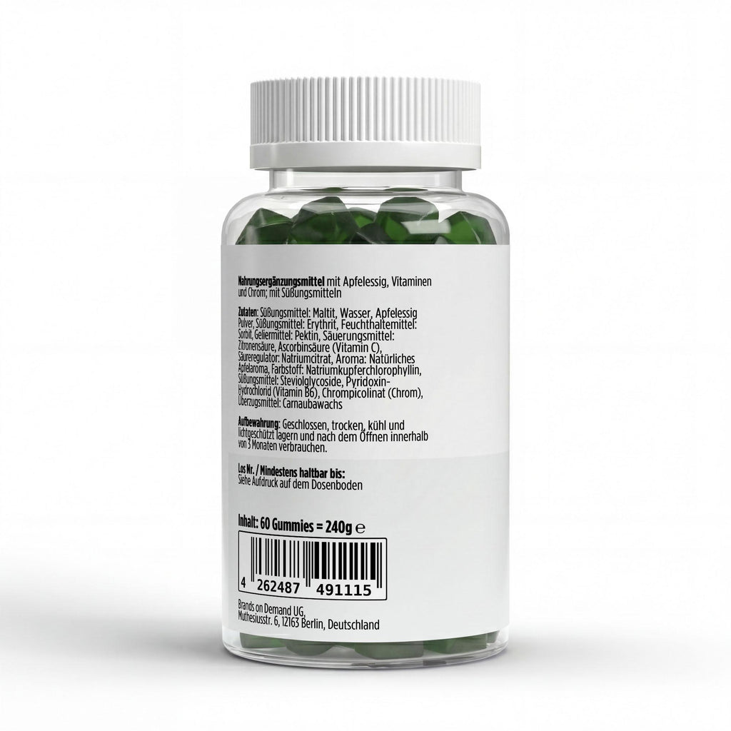 Vinaigre de cidre + Vitamines C, B6 + Chrome pomme | 60 gummies vegan, étiquette et informations produit