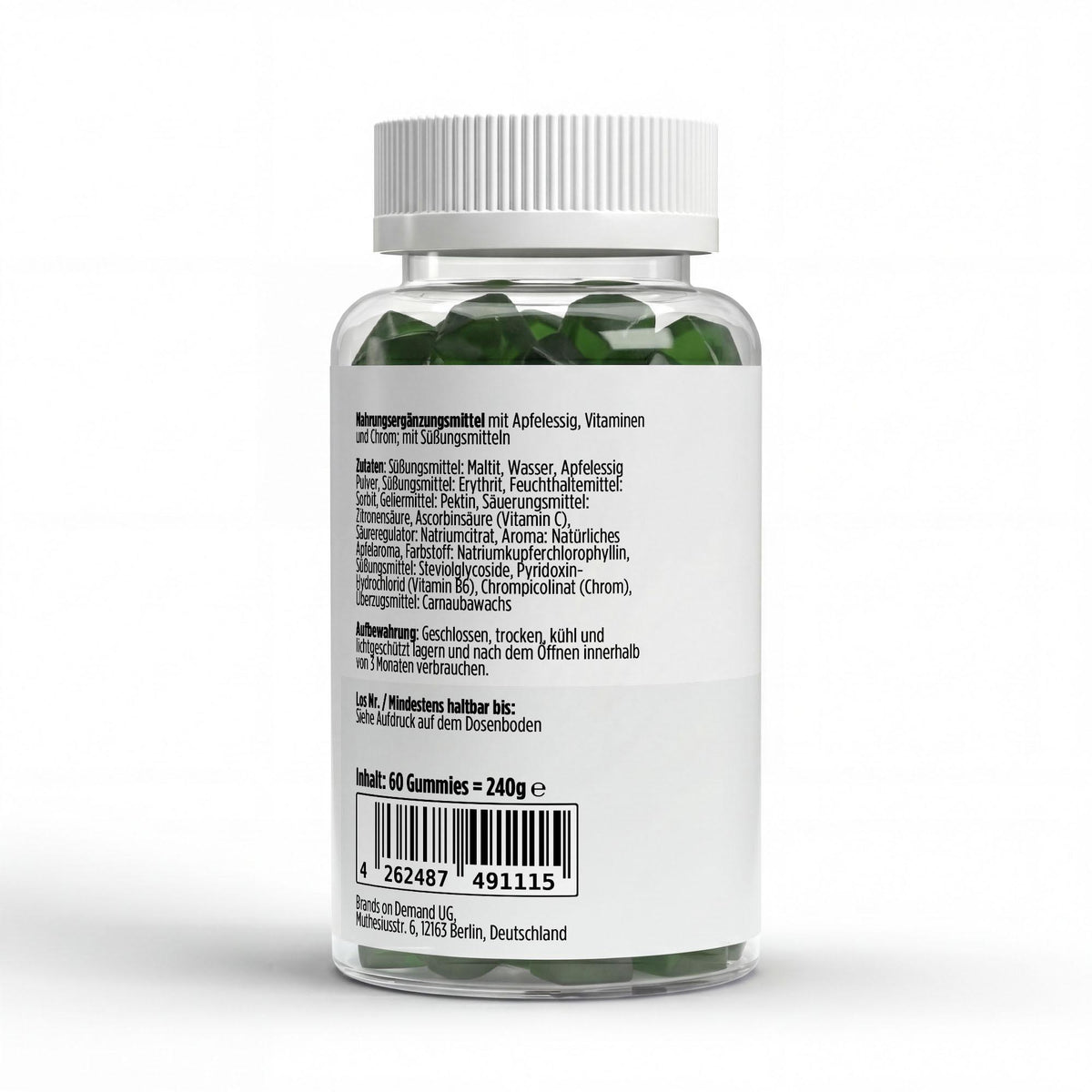 Vinaigre de cidre + Vitamines C, B6 + Chrome pomme | 60 gummies vegan, étiquette et informations produit