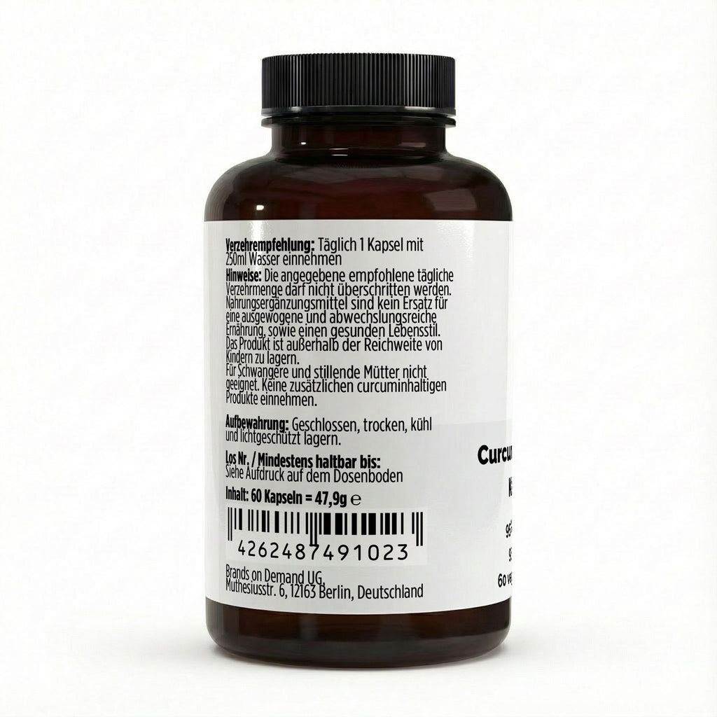 Curcuma 95 % curcumine + Pipérine | 60 gélules vegan, étiquette et conseils d’utilisation