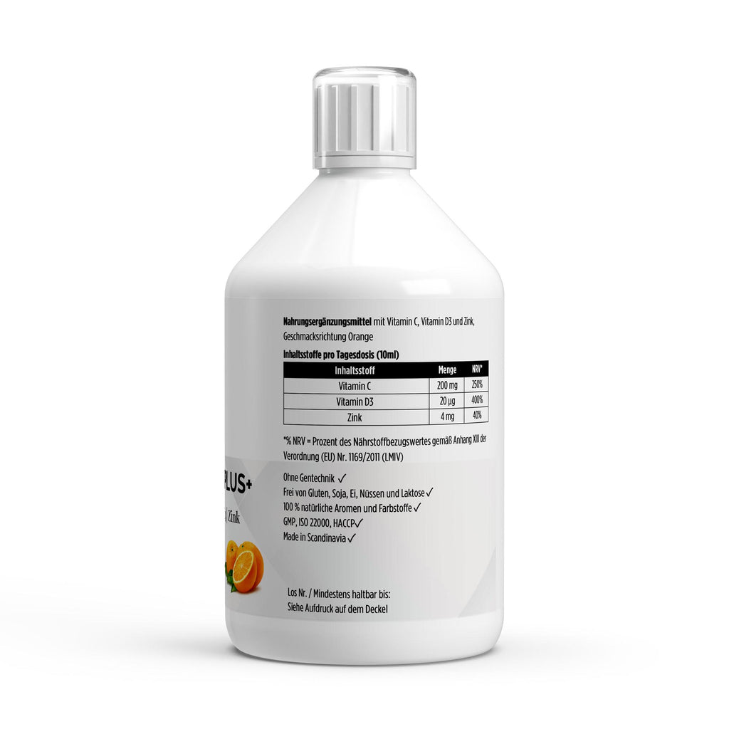 Vitamines C, D3 + Zinc Vita Shield Plus orange | Liquide 500 ml, étiquette et informations produit
